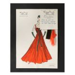 Two Maggy Rouff sketches of evening gowns, mid-late 1950s, the first 'Cornaline',