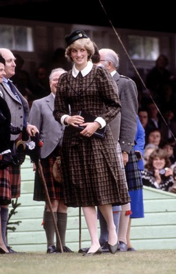Princess Diana's Caroline Charles printed tartan wool day dress, worn to the Braemar Highland Games, - Image 9 of 9