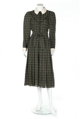 Princess Diana's Caroline Charles printed tartan wool day dress, worn to the Braemar Highland Games,