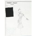 Three Robert Piguet pencil sketches with fabric swatches, circa 1950,
