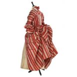 A fine striped robe à la polonaise, French, 1770s, of cinnamon and ivory satin stripes,