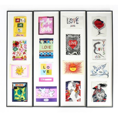 A collection of framed and mounted Yves Saint Laurent 'Love' cards, 1970-1999,