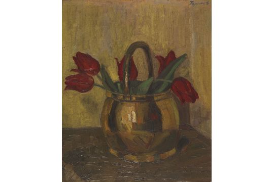 Georg Tappert 1880 Berlin - 1957 Berlin Tulpen in einem Messingkessel. Um 1905. Öl auf Malpappe.