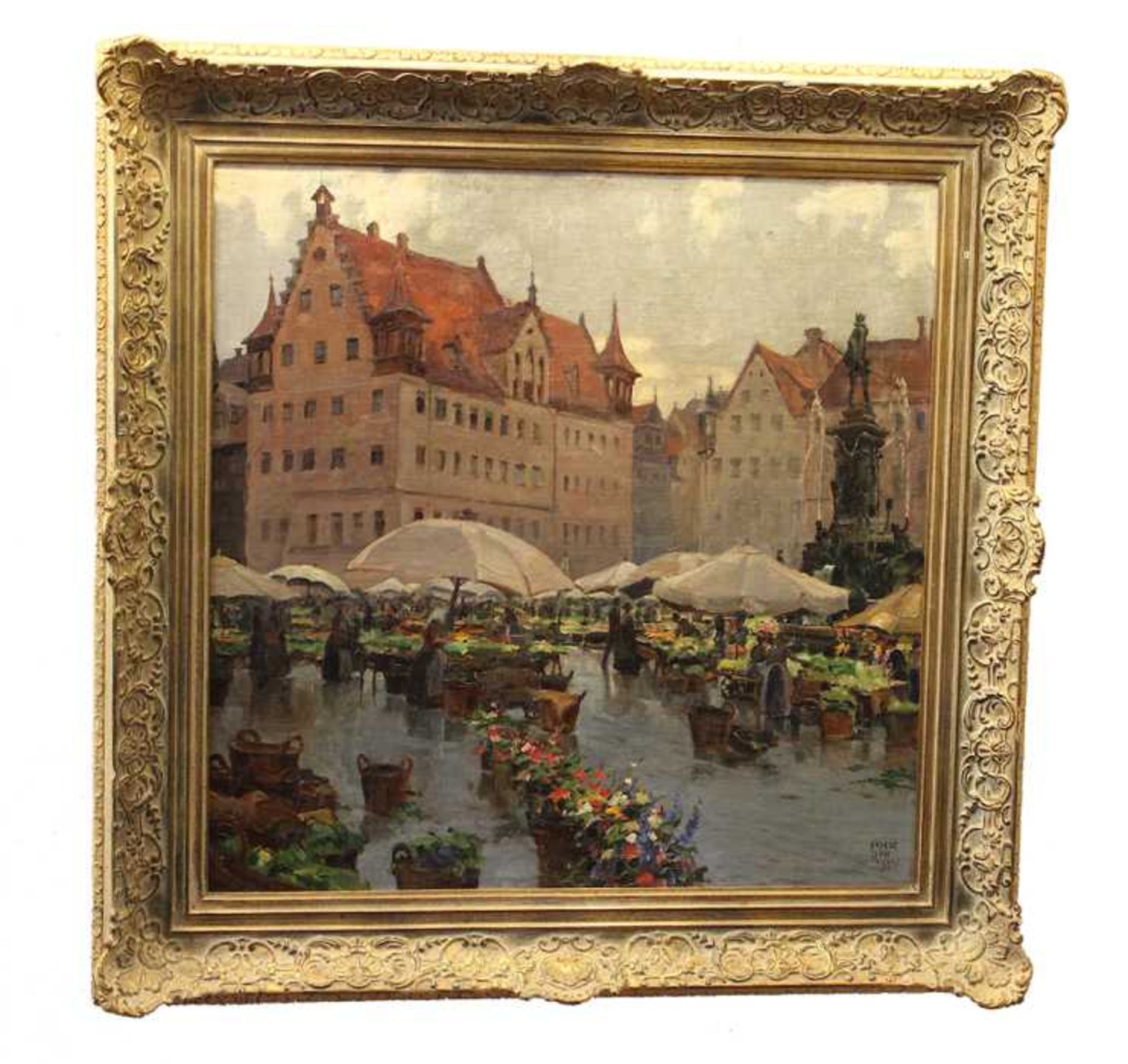Gemälde - Ernst Dorn (1889 Neustadt / Coburg - 1927 München) "Altstadtansicht mit Blumenmarkt", r.u.