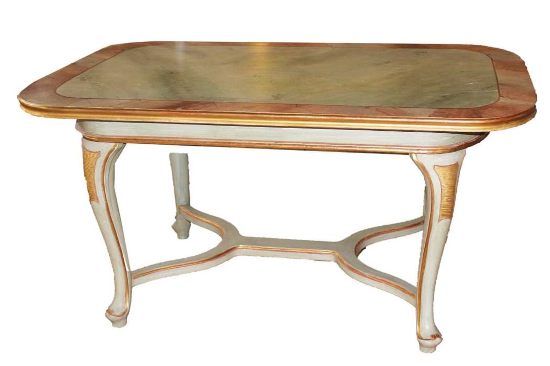 Tisch - Barockstil 19.Jahrhundert Holz grünlich gefaßt und teilweise vergoldet, geschweifte Form,