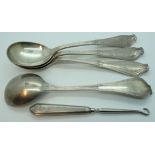 Silver Tiffany button hook & 4 Tiffany plated spoons