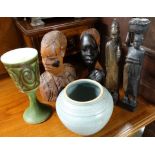 4 Carved figures, goblet & vase