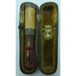 Cased amber/ivory & silver cigarette holder