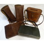 Leather binoculars case, pair of gaiters & 2 handbags