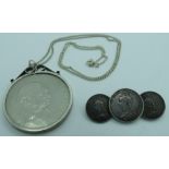 Victorian silver triple 3d & 6d brooch + mounted 1965 Churchill coin set pendant