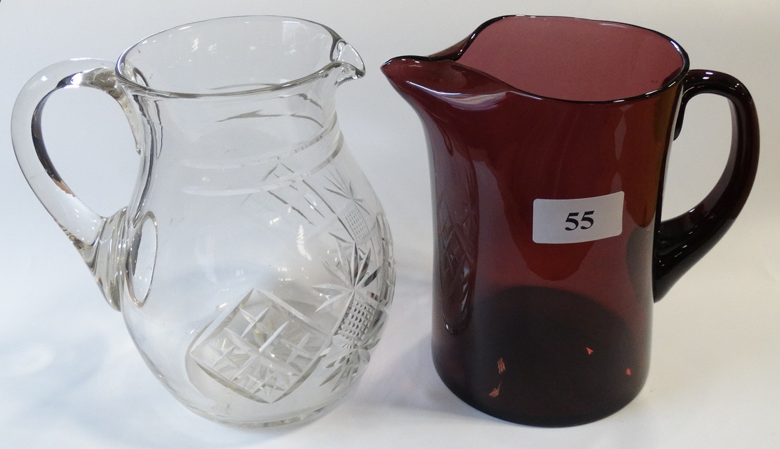 AMETHYST GLASS WATER JUG + EDWARDIAN CUT GLASS JUG