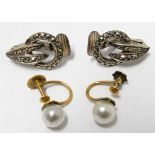 PR 9CT GOLD PEARL EARRINGS & PR MACASITE SET EARRINGS