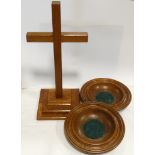 TREEN CRUCIFIX + 2 COLLECTION PLATES