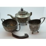 ORIENTAL EMBOSSED WHITE METAL 3 PCE TEA SERVICE