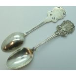 PR OF SILVER SPOONS WITH ORNATE MOTTO FINIALS