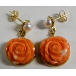 VALERIA PITCHFORD FLORAL CORAL & PEARL, 18CT GOLD EARRINGS