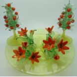 1950'S VENETIAN HOT WORKED GLASS ORANGE TREES + FLOWERS SET IN A FOILED CARDINALS HAT BOWL (POSSIBLY