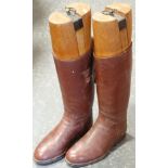 PR OF TAN LEATHER RIDING BOOTS + WOODEN TREES