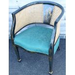 BLACK LACQUERED & PAINTED TUB CHAIR WITH DOUBLE RATTAN WORK