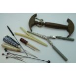 TREEN HAT STRECTHER, PR GLOVE STRETCHERS, HAIR TONGS + HAT PINS