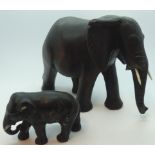 EBONY & IVORY ELEPHANT & A CERMAIC SMALLER ONE