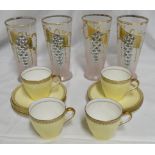6 ROYAL DOULTON GILDED YELLOW SAUCERS, 4 COFFEE CANS & 4 ENAMLLED WATER TUMBLERS