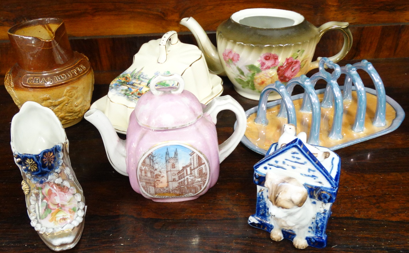 HOLSWORTHY SOUVENIR TEAPOT, WOOLFARDISWORTHY TEAPOT(NO LID), OLDE WORLD GARDEN CHEESE DISH, LUSTRE