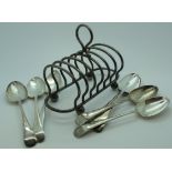 6 VICT EPNS SPOONS + TOASTRACK