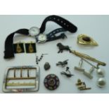 BAG COSTUME JEWELLERY INC ENAMEL BUCKLE, MICRO MOSIAC BROOCH ETC