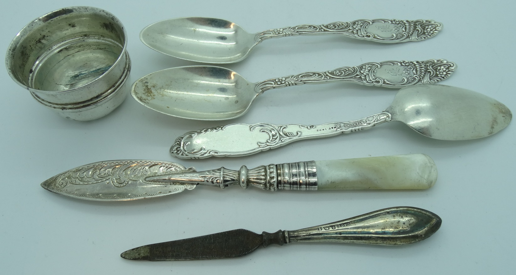 SMALL SILVER CUP, SILVER HANDLE MANICURE TOOL, SILVER MOP HANDLE SCOOP + 3 STERLING SILVER SPOONS