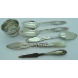 SMALL SILVER CUP, SILVER HANDLE MANICURE TOOL, SILVER MOP HANDLE SCOOP + 3 STERLING SILVER SPOONS