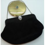 LARGE JEWEL ENCRUSTED TOP COMPACT + LADIES BLACK PLEATED SILK EVENING PURSE WITH FLORAL PASTE SET