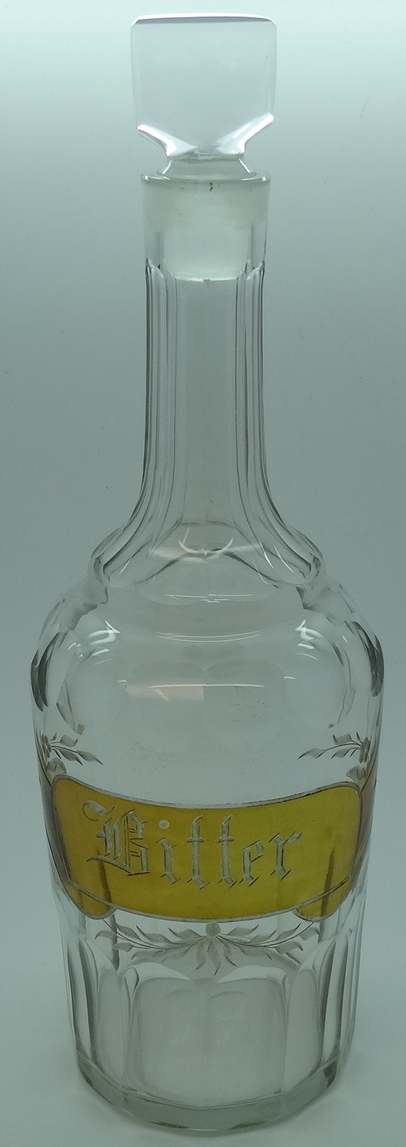 LATE C19TH FRENCH CUT GLASS YELLOW FLASHED & ENGRAVED BITTERS BOTTLE