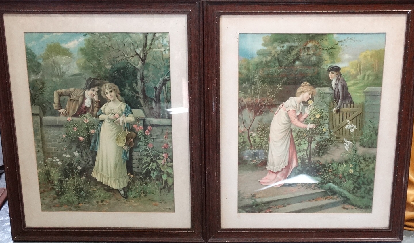 PR OF FRAMED COLOUR VICT PRINTS - A COUPLE IN GARDENS