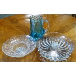 GREEN GLASS CORDIAL JUG, CAKESTAND & FRUIT BOWL