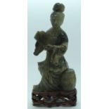 1930'S JADE FIGURE OF GODDESS TO CARVED FRUITWOOD STAND 7.2'H
