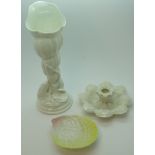 ROYAL WORCHESTER BLANC DE CHINE SHELL VASE, CANDLESTICK + A SHELL DISH