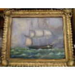 OIL PAINTING IN GILT FRAME OF A SAILING SHIP 20'X16'