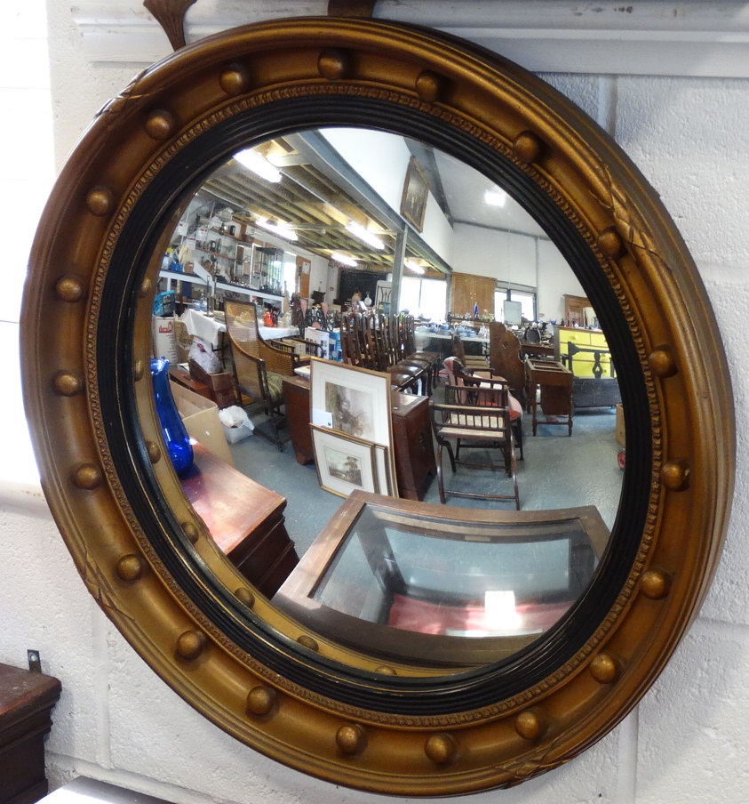 GILT FRAMED CONVEX CIRCULAR WALL MIRROR