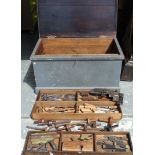 WOODEN TOOL TRUNK WITH FITTED INTERIOR & LARGE QUANTITY OF VICTORIAN WOODWORKING TOOLS
