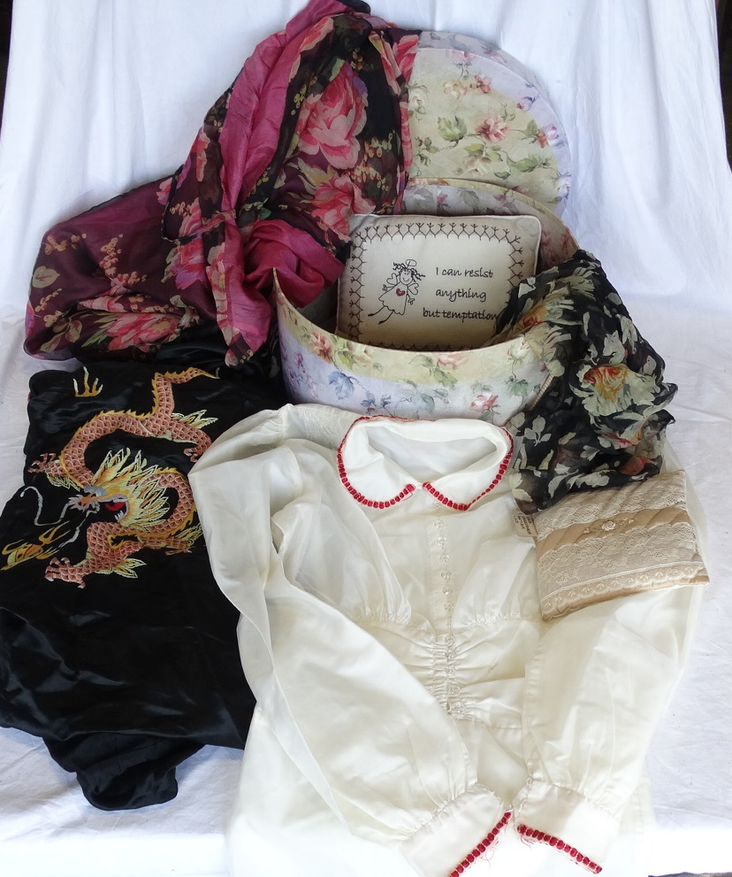 HAT BOX OF TEXTILES INC BLOUSE, FLORAL DRESSING GOWN ETC