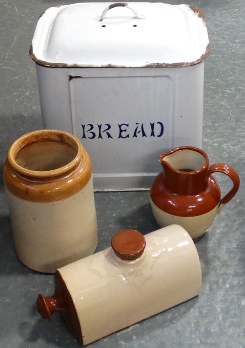 ENAMEL BREADBIN, STONE FOOTWARMER, JUG & JAR