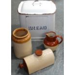 ENAMEL BREADBIN, STONE FOOTWARMER, JUG & JAR