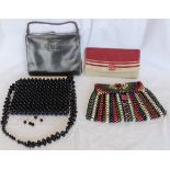 2 WOODEN BEAD CLAD BAGS, WOVEN CLUTCH BAG WITH BASKET OF FRUIT CLASP & H.T.L LEATHER BAG WITH CHROME