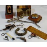 PUZZLE BOX, CANDLE SNUFFERS, POCKET WATCH, MAMBORETTA, POLEMOSCOPE ETC