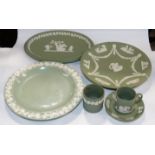 WEDGEWOOD JASPERWARE GREEN & WHITE PLATES, COFFEE CAN & SAUCER (6 PCES)