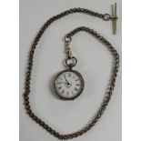 ETCHED SILVER CASED FOB WATCH WITH CENTRAL PAINTED DETAILS TO A CHAIN