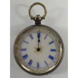 ETCHED SILVER FOB WATCH WITH GILDED, PAINTED ENAMEL DIAL