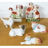 2 STAFFS FLATBACKS, BISQUE SHEEP, COW & 2 DOGS