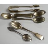 2 SILVER TEASPOONS, PR OF SUGAR TONGS & 3 TEASPOONS